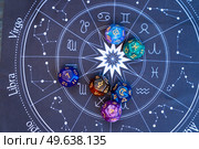 Horoscope zodiac circle with divination dice, top view. Fortune telling and astrology predictions concept, magic rituals and exoteric experience. Zodiac horoscope with divination dice. Стоковое фото, агентство Ingram Publishing / Фотобанк Лори