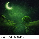 Beautiful painting with a isolated country house  on the edge of a chasm with a bridge over the abyss. Marvelous night scene with crescent moon and green spell shades. Стоковое фото, агентство Ingram Publishing / Фотобанк Лори