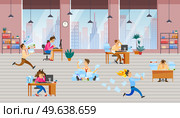 Stressed cartoon characters working at workplaces. Office workers hurry up with assignments. People run, rush, do paperwork to deal with deadline. Chaos and bustle in office due to deadlines. Chaos and bustle in office due to deadlines. Stressed cartoon characters are doing paperwork. Стоковая иллюстрация, агентство Ingram Publishing / Фотобанк Лори