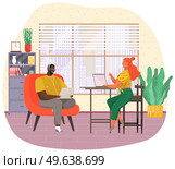 Discussion, talk during work in modern office. Young people enjoy doing interviews, making digital record with computer, headphones. Characters are communicating, having conversation at work. Cartoon characters are communicating, having conversation at work with computer, headphones. Стоковая иллюстрация, агентство Ingram Publishing / Фотобанк Лори