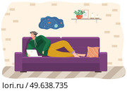Man lying on couch with computer, holding laptop and correspondence surfing in Internet. Male character communicating with friends, studying remotely, sitting on sofa, relaxing, resting after work. Man lying on couch with computer, holding laptop and correspondence surfing in Internet, typing. Стоковая иллюстрация, агентство Ingram Publishing / Фотобанк Лори