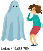 Woman scared of spooky monster. Person is afraid of ghost. Girl tries not to scream at sight of monster, ghost in sheet. Frightened female character is looking at flying phantom in white sheet. Frightened female character is looking at flying phantom in white sheet. Woman scared of ghost. Стоковая иллюстрация, агентство Ingram Publishing / Фотобанк Лори
