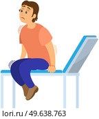 Man is scared and sitting on medical bed. Person is terrified or shocked due to seeing something frightening in hospital. Male character, patient is sitting on hospital bed and trembling due to fear. Patient is sitting on hospital bed and trembling due to fear. Man in hospital is scared, terrified. Стоковая иллюстрация, агентство Ingram Publishing / Фотобанк Лори