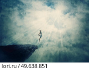 Beautiful painting with a person jumping off a cliff into the clouds. Surreal scene of a boy flying to the light, freedom concept. Mysterious astral levitation and unconscious psychokinesis rapture. Стоковое фото, агентство Ingram Publishing / Фотобанк Лори