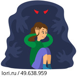 Fear of darkness concept. Woman scared of spooky monster from nightmare. Person is afraid of ghost. Girl tries not to hear monster, ghost in dark. Nightmare, fear of dark, phobia vector illustration. Girl tries not to hear monster, ghost, phantom in dark. Nightmare, fear of darkness, phobia. Стоковая иллюстрация, агентство Ingram Publishing / Фотобанк Лори