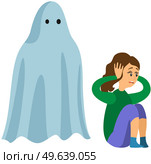 Woman scared of spooky monster. Young lady is afraid of ghost. Girl covers ears from fright near monster, ghost in sheet. Frightened female character is looking at flying phantom in white sheet. Girl covers ears from fright near monster, ghost in sheet. Frightened lady looking at flying phantom. Стоковая иллюстрация, агентство Ingram Publishing / Фотобанк Лори