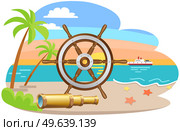 Amusing sea adventures and travel poster. Marine cruise and nautical travelling advertising placard with attributes of water travel spyglass and ship captains steering wheel on sandy shore with palms. Amusing sea adventures and travel poster. Marine cruise and sea travelling advertising placard. Стоковая иллюстрация, агентство Ingram Publishing / Фотобанк Лори