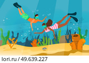 Man and woman snorkeling, exploring underwater world with fishes, corals, reefs. People dive and look at underwater inhabitants. Couple with snorkels swims near coral reef, vacation at sea, ocean. Man and woman snorkeling, exploring underwater world. Couple swim near coral reef, vacation at sea. Стоковая иллюстрация, агентство Ingram Publishing / Фотобанк Лори