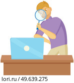 Gesture that boys see magnifying glass. Cunning guy holding loupe, looking for something in laptop, planned something amiss. Young man standing holding magnifier, looking for something and watching. Gesture that boys see magnifying glass. Cunning guy holding loupe looking for something in laptop. Стоковая иллюстрация, агентство Ingram Publishing / Фотобанк Лори