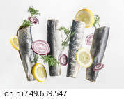 Flying raw fishes with flavoring ingredients: herring fillet, lemon, red onion and dill  at white background. Creative cooking concept. Food levitation. Стоковое фото, агентство Ingram Publishing / Фотобанк Лори