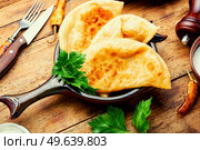 Chebureks, fried crescent-shaped cakes with meat filling. Appetizing meat pie or chebureks. Стоковое фото, агентство Ingram Publishing / Фотобанк Лори