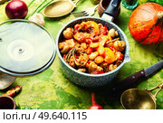 Gravy with meat,mushrooms,zucchini and potatoes.Stew meat in stewpan. Ragout with meat and vegetables. Стоковое фото, агентство Ingram Publishing / Фотобанк Лори