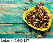Dried forest mushrooms in a plate.Delicious mushroom.Copy space. Heap of dried mushrooms. Стоковое фото, агентство Ingram Publishing / Фотобанк Лори