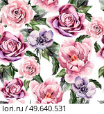 Watercolor pattern with flowers anemon, peonies,roses,  buds and petals. Illustration. Watercolor pattern with flowers anemon, peonies,roses,  buds and petals. Стоковое фото, агентство Ingram Publishing / Фотобанк Лори