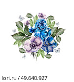 Beautiful watercolor card with flowers anemones and iris. Illustration. Beautiful watercolor card with flowers anemones and iris. . Стоковое фото, агентство Ingram Publishing / Фотобанк Лори