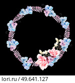 Beautiful watercolor wreath with eucalyptus branches and hydrangea, rosres flowers. Illustrations.. Beautiful watercolor wreath with eucalyptus branches and hydrangea, rosres flowers. . Стоковое фото, агентство Ingram Publishing / Фотобанк Лори