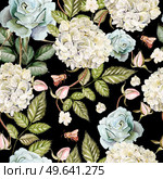 Watercolor pattern with flowers hydrangeas and roses. Illustration.. Watercolor pattern with flowers hydrangeas and roses. . Стоковое фото, агентство Ingram Publishing / Фотобанк Лори
