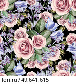 Bright watercolor seamless pattern with flowers eustoma, roses and lilacs. . Bright watercolor seamless pattern with flowers eustoma, roses and lilacs. illustrations. Стоковое фото, агентство Ingram Publishing / Фотобанк Лори