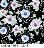 Bright watercolor pattern with anemone flowers, forget-me-nots and leaves. Illustration. Bright watercolor pattern with anemone flowers, forget-me-nots and leaves. . Стоковое фото, агентство Ingram Publishing / Фотобанк Лори