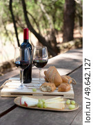 picnic with red wine, bread and cheese. picnic with wine. Стоковое фото, агентство Ingram Publishing / Фотобанк Лори