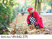 Positive female in checkered skirt and red outerwear picking fallen leaves from path in autumn park. Smiling woman collecting leaves from ground in park. Стоковое фото, агентство Ingram Publishing / Фотобанк Лори