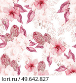 Watercolor wedding pink tropical seamless pattern with Exotic flowers, orchid, protea and leaves. Illustration. Watercolor wedding pink tropical seamless pattern with Exotic flowers, orchid, protea and leaves. Стоковое фото, агентство Ingram Publishing / Фотобанк Лори
