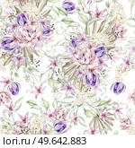 Watercolor romantic seamless pattern with succulents and crocus, clematis and flowers. Illustration. Watercolor romantic seamless pattern with succulents and crocus, clematis and flowers. Стоковое фото, агентство Ingram Publishing / Фотобанк Лори