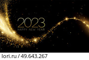 2023 Happy New year with Abstract shiny color gold swirl design element and glitter effect on dark background. Round frame For Calendar, poster design. 2023 New Year Abstract shiny color gold wave design element. Стоковая иллюстрация, агентство Ingram Publishing / Фотобанк Лори