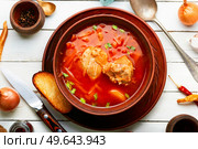 Borscht - hot soup based on beets and meat. Red Ukrainian borscht. Red Ukrainian borscht, dinner. Стоковое фото, агентство Ingram Publishing / Фотобанк Лори