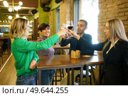 Group of multiracial people smiling and clinking glasses of alcohol beverages over table while proposing toast during meeting in bar. Diverse friends clinking glasses over table in beautiful pub. Стоковое фото, агентство Ingram Publishing / Фотобанк Лори