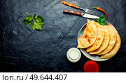 Chebureks, fried crescent-shaped cakes with meat filling. Copy space. Delicious chebureks, space for text. Стоковое фото, агентство Ingram Publishing / Фотобанк Лори