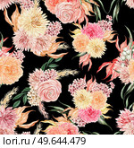 Watercolor seamless pattern with autumn flowers chrysanthemums, ranunculus, berries and leaves. Illustration. Watercolor seamless pattern with autumn flowers chrysanthemums, ranunculus, berries and leaves. . Стоковое фото, агентство Ingram Publishing / Фотобанк Лори