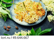 Fried elderflower in batter with powdered sugar. Spring flower dessert. Fried elderflower,seasonal food. Стоковое фото, агентство Ingram Publishing / Фотобанк Лори
