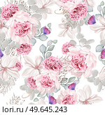 Elegant seamless pattern with peonies, roses and eucalyptus leaves. Illustration. Elegant seamless pattern with peonies, roses and eucalyptus leaves. . Стоковое фото, агентство Ingram Publishing / Фотобанк Лори