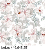 Elegant seamless pattern with peonies, roses and eucalyptus leaves. Illustration. Elegant seamless pattern with peonies, roses and eucalyptus leaves. . Стоковое фото, агентство Ingram Publishing / Фотобанк Лори