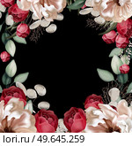 Elegant card with peonies, roses and eucalyptus leaves. Illustration. Elegant card with peonies, roses and eucalyptus leaves. Стоковое фото, агентство Ingram Publishing / Фотобанк Лори