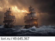 Fighting pirates ships in open sea, storm weather with rain and clouds. Fighting pirates ships. Стоковое фото, агентство Ingram Publishing / Фотобанк Лори
