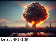 Nuclear bomb explosion, mushroom cloud over industrial nuclear plant zone, 3D illustration. Nuclear bomb explosion. Стоковое фото, агентство Ingram Publishing / Фотобанк Лори