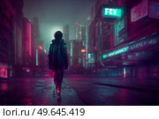 City in virtual reality, one woman walking cyberpunk city street in neon lights. City in virtual reality. Стоковое фото, агентство Ingram Publishing / Фотобанк Лори