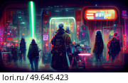 City in virtual reality, people walking cyberpunk city street in neon lights. City in virtual reality. Стоковое фото, агентство Ingram Publishing / Фотобанк Лори