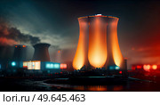 Nuclear plant chimney illuminated in night illustration, nuclear energie industry concept. Nuclear plant illustration. Стоковое фото, агентство Ingram Publishing / Фотобанк Лори