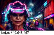 City in virtual reality, senior woman walking on cyberpunk city street in neon lights, 3D illustration. City in virtual reality. Стоковое фото, агентство Ingram Publishing / Фотобанк Лори