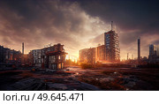 Destroyed in war post-apocalyptic city background under storm clouds. Destroyed city background. Стоковое фото, агентство Ingram Publishing / Фотобанк Лори