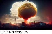 Nuclear bomb explosion, mushroom cloud over industrial nuclear plant zone, 3D illustration. Nuclear bomb explosion. Стоковое фото, агентство Ingram Publishing / Фотобанк Лори