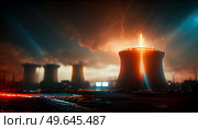 Nuclear plant illuminated in night illustration, nuclear energie industry concept. Nuclear plant illustration. Стоковое фото, агентство Ingram Publishing / Фотобанк Лори
