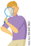 Gesture that boys see magnifying glass. Cunning guy holding loupe, planned something amiss. Young man standing holding magnifier, looking for something and watching isolated on white background. Gesture that boys see magnifying glass. Cunning guy holding loupe, planned something amiss. Стоковая иллюстрация, агентство Ingram Publishing / Фотобанк Лори