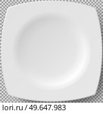 Empty white porcelain plate. Square plate for serving dishes. Cookware, china, crockery element isolated on transparent background. Dish for restaurant, empty utensil 3d dishware vector illustration. Empty white porcelain plate. Square dishware for serving dishes. Cookware china crockery 3d element. Стоковая иллюстрация, агентство Ingram Publishing / Фотобанк Лори