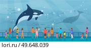 People watching underwater scenery with large whales in oceanarium. Underwater fauna with marine world representatives. Oceanarium visitors look at killer whale in aquarium vector illustration. People watching underwater scenery with large whales in oceanarium. Aquarium with killer whale. Стоковая иллюстрация, агентство Ingram Publishing / Фотобанк Лори