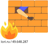 Thief is trying to crack brick wall. Illegal invasion of someone else s property. Robber breaks front door to house or apartment. Criminal scene. Hand of man in black glove peeks out of fence. Thief is trying to crack brick wall. Robber breaks front door to house or apartment. Criminal scene. Стоковая иллюстрация, агентство Ingram Publishing / Фотобанк Лори