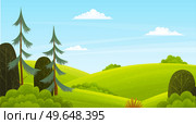 Natural landscape background with hills, clear blue sky and clouds, green mounds overgrown with grass, trees and bushes in forest. Beautiful unspoilt nature tourist area, summertime, adventure time. Natural landscape background with hills clear blue sky and clouds green mounds overgrown with grass. Стоковая иллюстрация, агентство Ingram Publishing / Фотобанк Лори